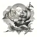 A gothic atmosphere, in a pirate universe with a boat, 3 mountains revealing a rising sun. tattoo design idea