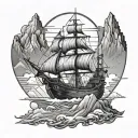 A gothic atmosphere, in a pirate universe with a boat, 3 mountains revealing a rising sun. tattoo design idea