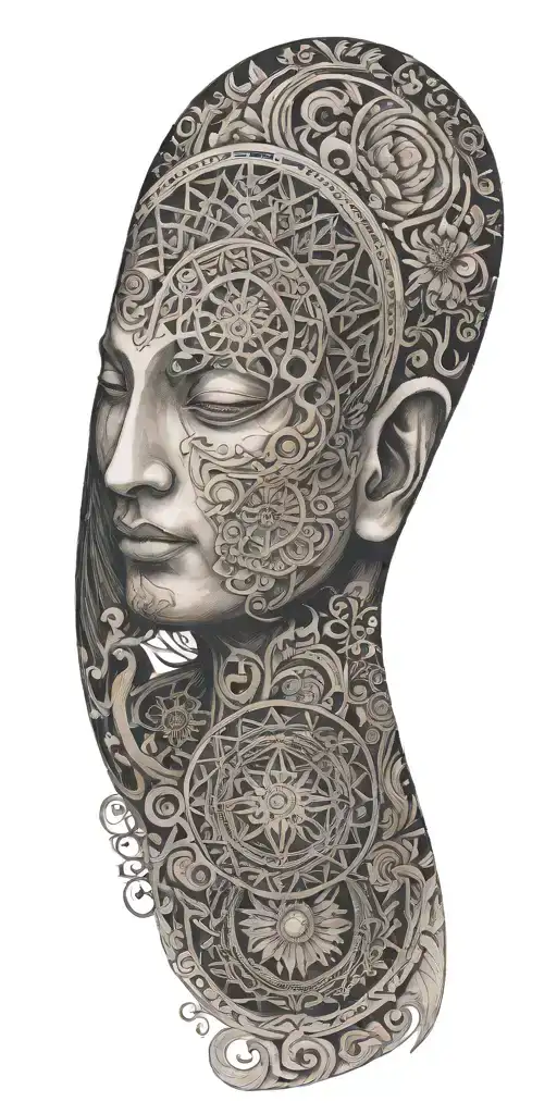 Blend Buddhist mandala, fine-line wood grain, anime elements, and subtle gaming symbols into a cohesive, flowing design tattoo design idea