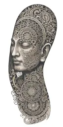 Blend Buddhist mandala, fine-line wood grain, anime elements, and subtle gaming symbols into a cohesive, flowing design tattoo design idea