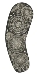 Blend Buddhist mandala, fine-line wood grain, anime elements, and subtle gaming symbols into a cohesive, flowing design tattoo design idea