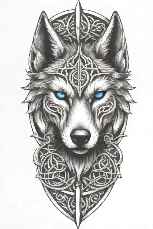 wolf with blue eyes on armor tattoo design featuring Celtic trinity knot  tattoo design idea