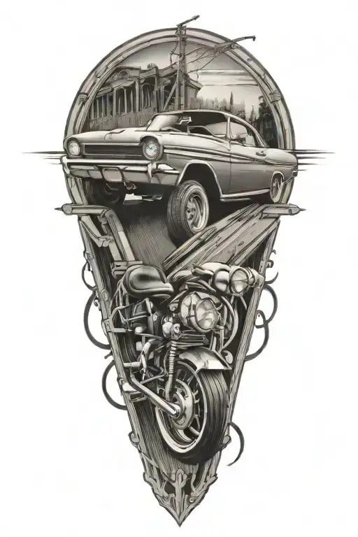 A bold and dynamic tattoo design of a classic car speeding down a country road, with Harley Davidson motorcycles and construction pipes in the background tattoo design idea
