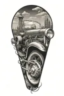 A bold and dynamic tattoo design of a classic car speeding down a country road, with Harley Davidson motorcycles and construction pipes in the background tattoo design idea