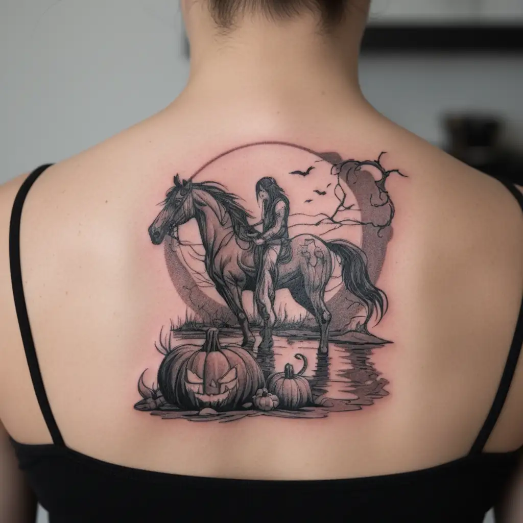 thestral bowing to girl next to a moonlit lake decorated with pumpkins tattoo design idea