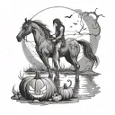 thestral bowing to girl next to a moonlit lake decorated with pumpkins tattoo design idea