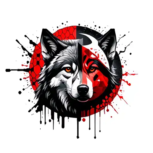 A geometric tattoo design featuring a wolf and moon wearing war paint, trash polka black and red, honey comb behind.  tattoo design idea