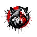 A geometric tattoo design featuring a wolf and moon wearing war paint, trash polka black and red, honey comb behind.  tattoo design idea