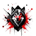 A geometric tattoo design featuring a wolf and moon wearing war paint, trash polka black and red, honey comb behind.  tattoo design idea