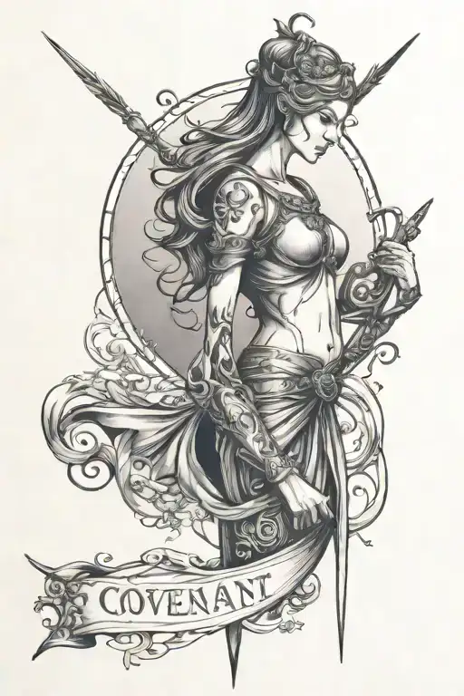 Artemis with the quote blood of the covenant is thicker than the water of the womb tattoo design idea