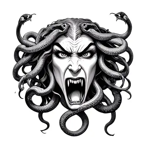 Medusa head with a face that looks pissed with angry venomous snakes looking at you, make the tattoo empowering for SA tattoo design idea