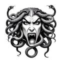 Medusa head with a face that looks pissed with angry venomous snakes looking at you, make the tattoo empowering for SA tattoo design idea