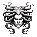 Medusa head with a face that looks pissed with angry venomous snakes looking at you, make the tattoo empowering for SA tattoo design idea