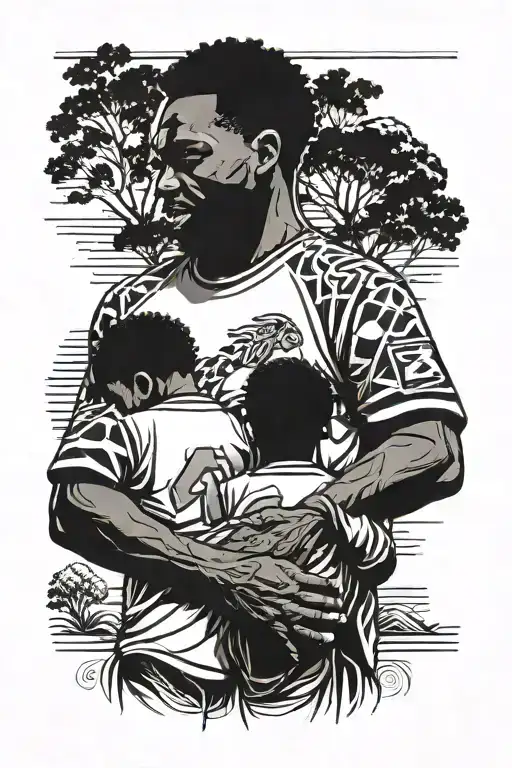 view from behind of Black father holding  hands his son with matching jerseys on  tattoo design idea