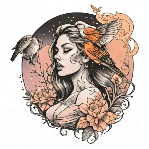 A starry night but at dawn a pink sky, a beautiful orange bird and a beautiful woman face but looking sideways combine w tattoo design idea