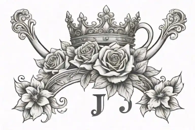 Jailyne on forearm with princess tiara on letter J. and with blossoms as filler tattoo design idea