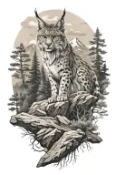 lynx full body with mountain landscape with forest tattoo design idea