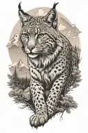 lynx full body with mountain landscape with forest tattoo design idea