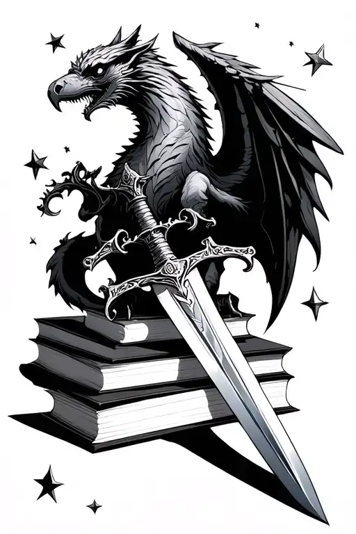 fantasy, multiple books, sword, stars, gryphon tattoo design idea