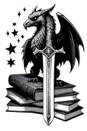 fantasy, multiple books, sword, stars, gryphon tattoo design idea