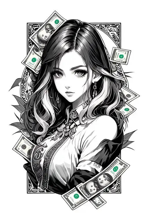 money cards and anime characters tattoo design idea