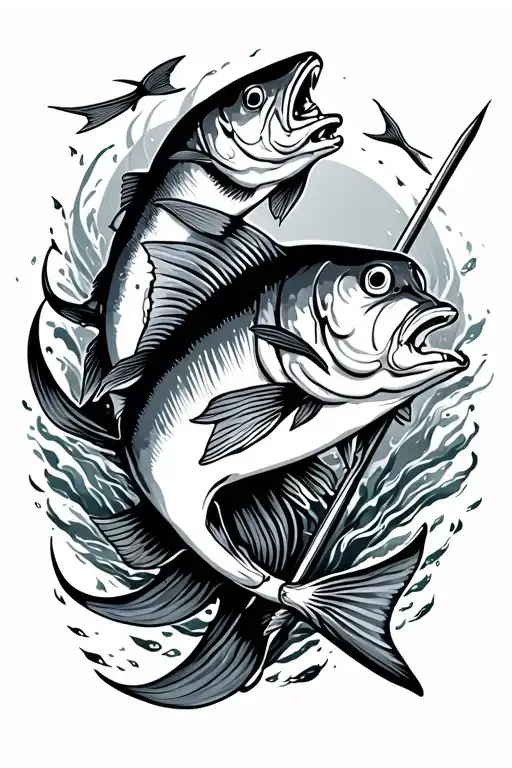 yellowtail kingfish with a spear through it, shoal of fish swimming around it beach water al around  tattoo design idea