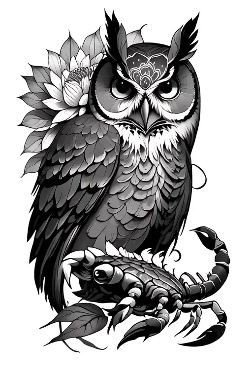 Full sleeve tattoo with lotus mandala elbow, owl at shoulder and scorpion at forearm.  tattoo design idea