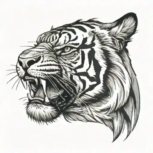A black-and-white tattoo design of a tiger's face in a semi-profile view, exuding aggression and intensity. The tiger's  tattoo design idea