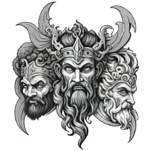 Zeus,Hades,Posiedon and Aries Face mask broken tattoo design idea