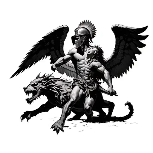 Angel San Miguel with a Trojan helmet attacking a demon tattoo design idea