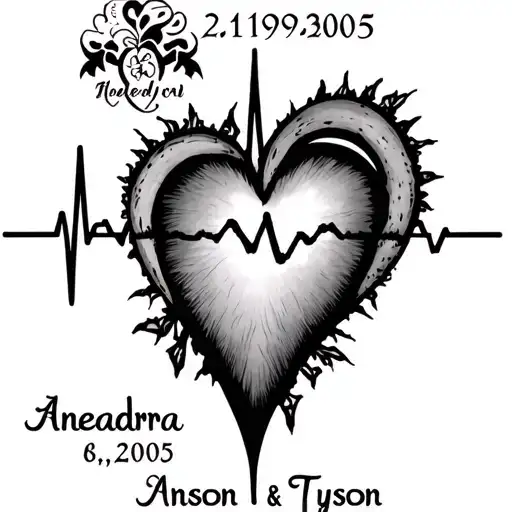 create heartbeat tattoo with the names Aneadra and Tyson and the date 2/19/2005 integrated into the heartbeat with heart tattoo design idea