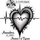 create heartbeat tattoo with the names Aneadra and Tyson and the date 2/19/2005 integrated into the heartbeat with heart tattoo design idea