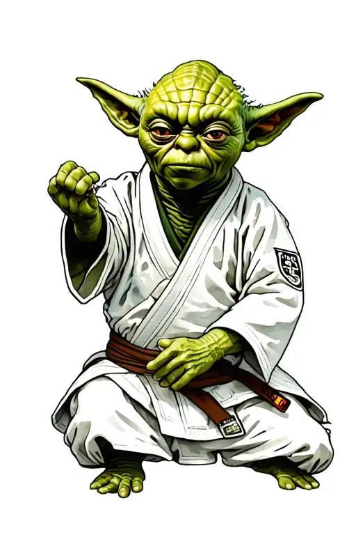 Master Yoda in white jiu jitsu Gi. Fighting position. Handpoke new school Tattoo  tattoo design idea