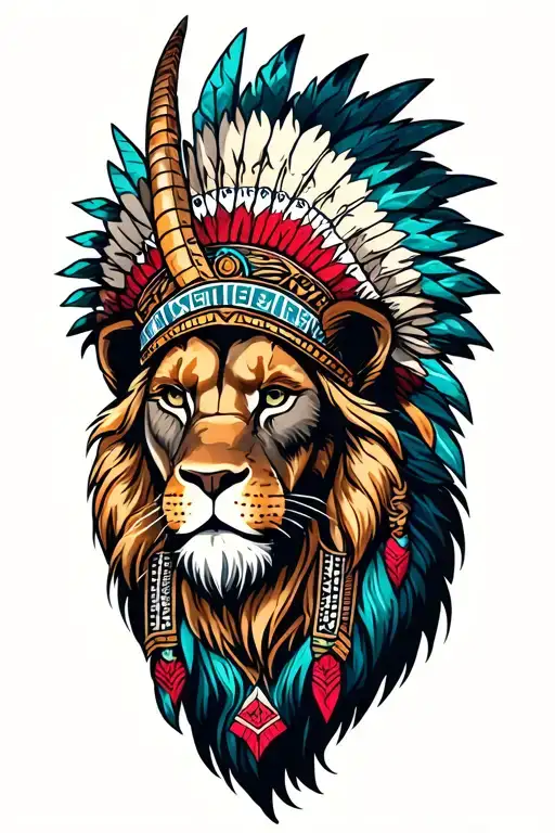Warrior lion with Indian headdress and lion horn tattoo design idea