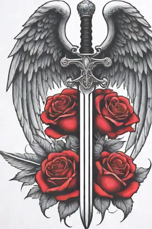 angel wings behind a sword, roses tattoo design idea