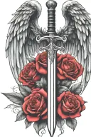 angel wings behind a sword, roses tattoo design idea