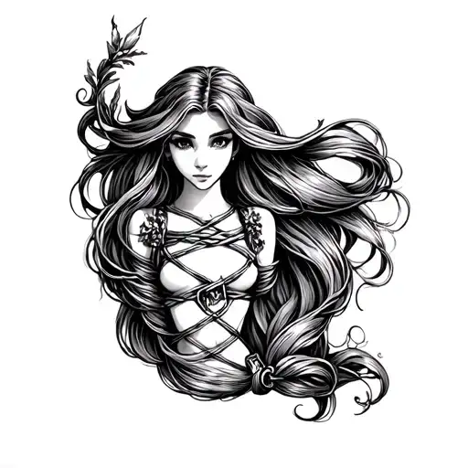 black ink only rapunzel bondage tattoo design idea