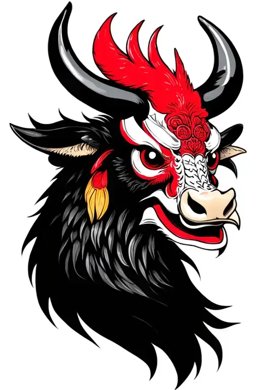 rooster and ox oni mask tattoo design idea