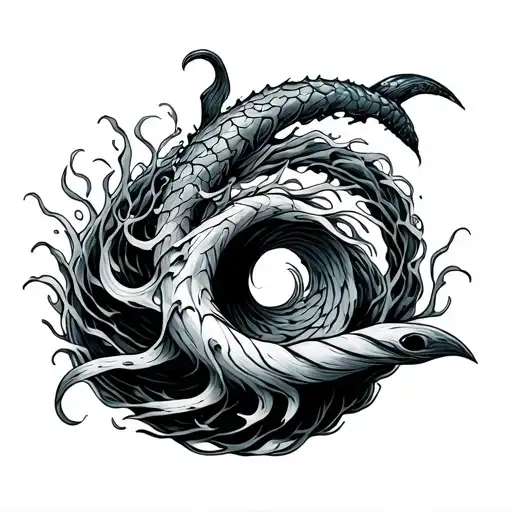A stylized spiral wave enclosing a long, curved selkie fang crossed with a strip of kelp. tattoo design idea