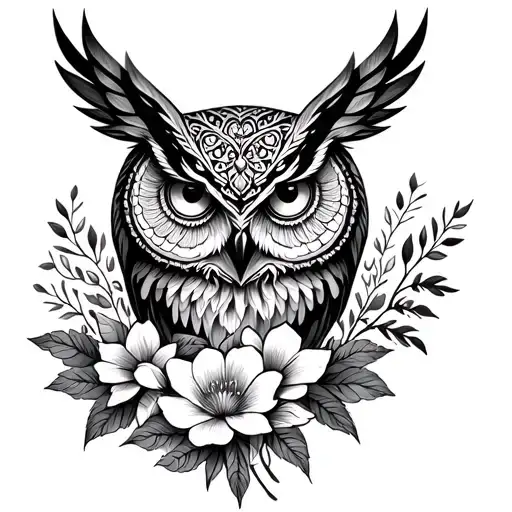 owl,waterfall, mandala, flowers intertwined tattoo design idea