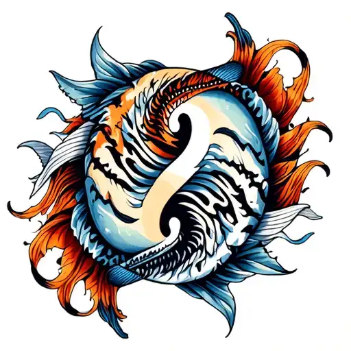 Tiger shark and pisces, ying yang symbol made tattoo design idea