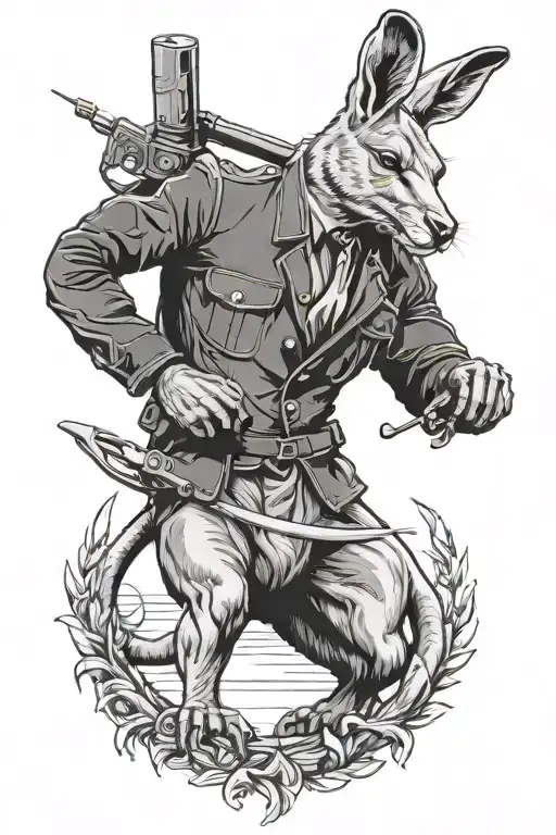 full body muscular kangaroo wearing a drill sargeant hatt tattoo design idea