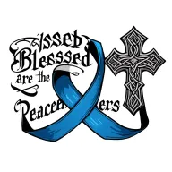 "Blessed are the Peacemakers" celtic cross with blue ribbon wrapped tattoo design idea