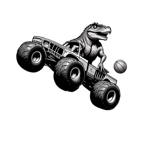 t rex riding a monster truck playing baksetball tattoo design idea