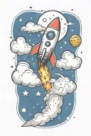 rocket flying in clouds with planets, stars, music notes flowing tattoo design idea