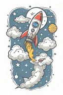 rocket flying in clouds with planets, stars, music notes flowing tattoo design idea