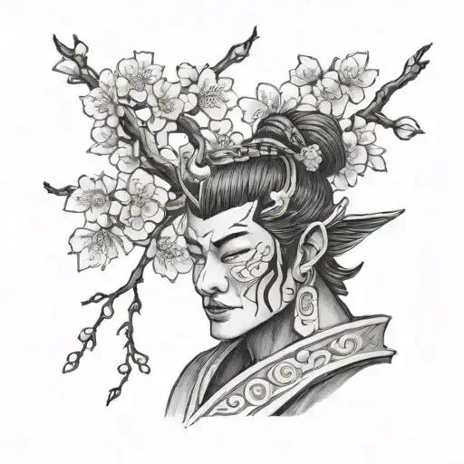 samuri with cherry blossom branch tattoo design idea