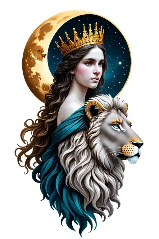 leto greek goddess of motherhood wearing crown with lion and moon tattoo design idea