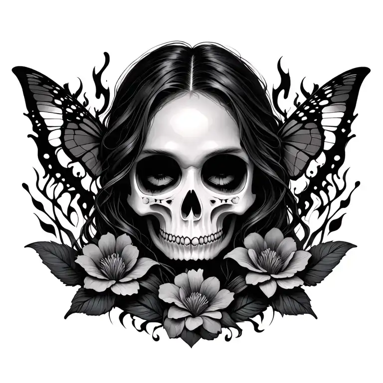 feminine vampire skulls flowers flames butterfly's tattoo design idea