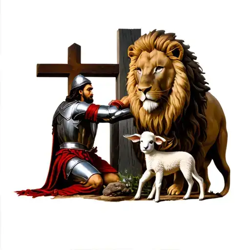 i want a crusader knight kneeling at the cross of jesus with a mighty lion next to the cross and a small lamb tattoo design idea